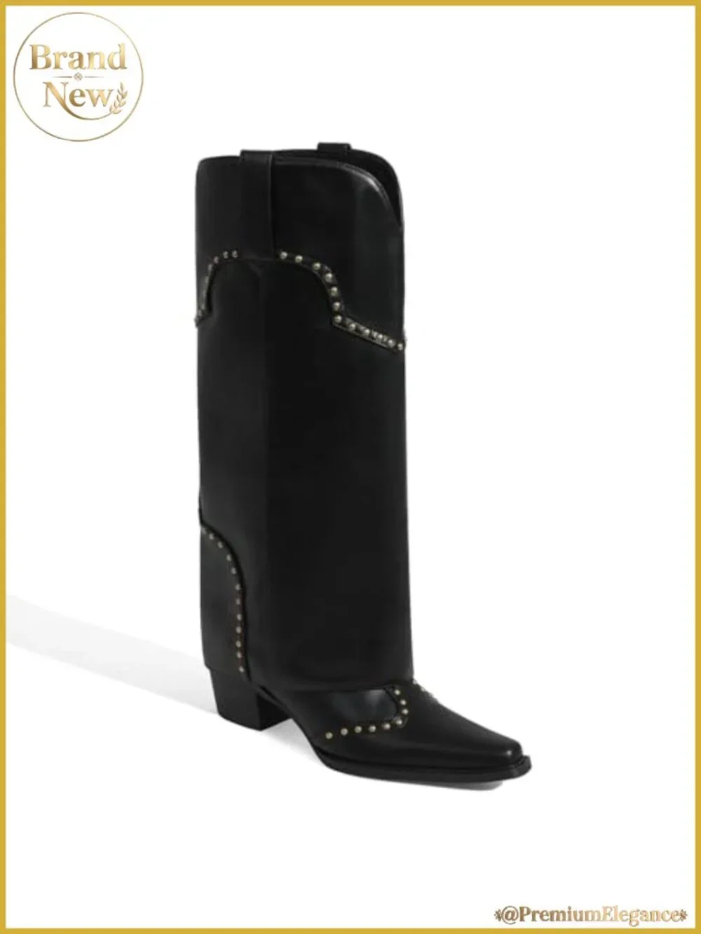 Fold Over Knee High Boots Chunky Heel Studded Snip Toe Women's